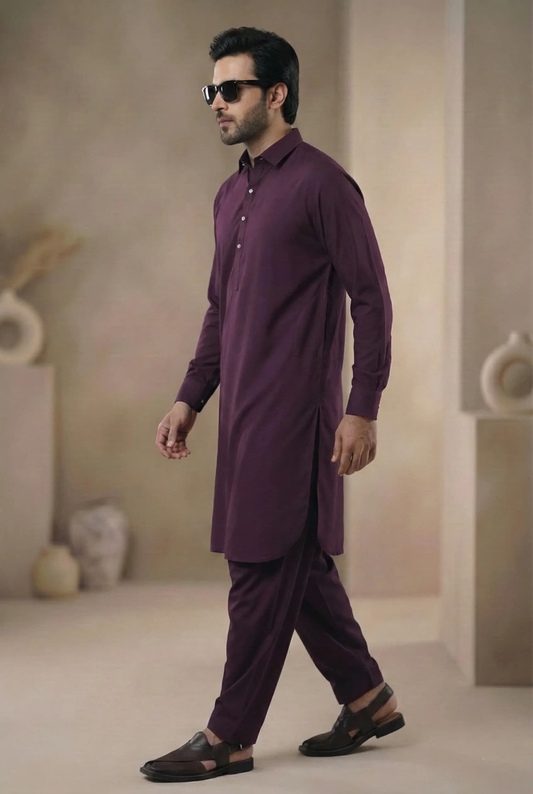 Wine Blended Shirt Collar Premium Shalwar Kameez