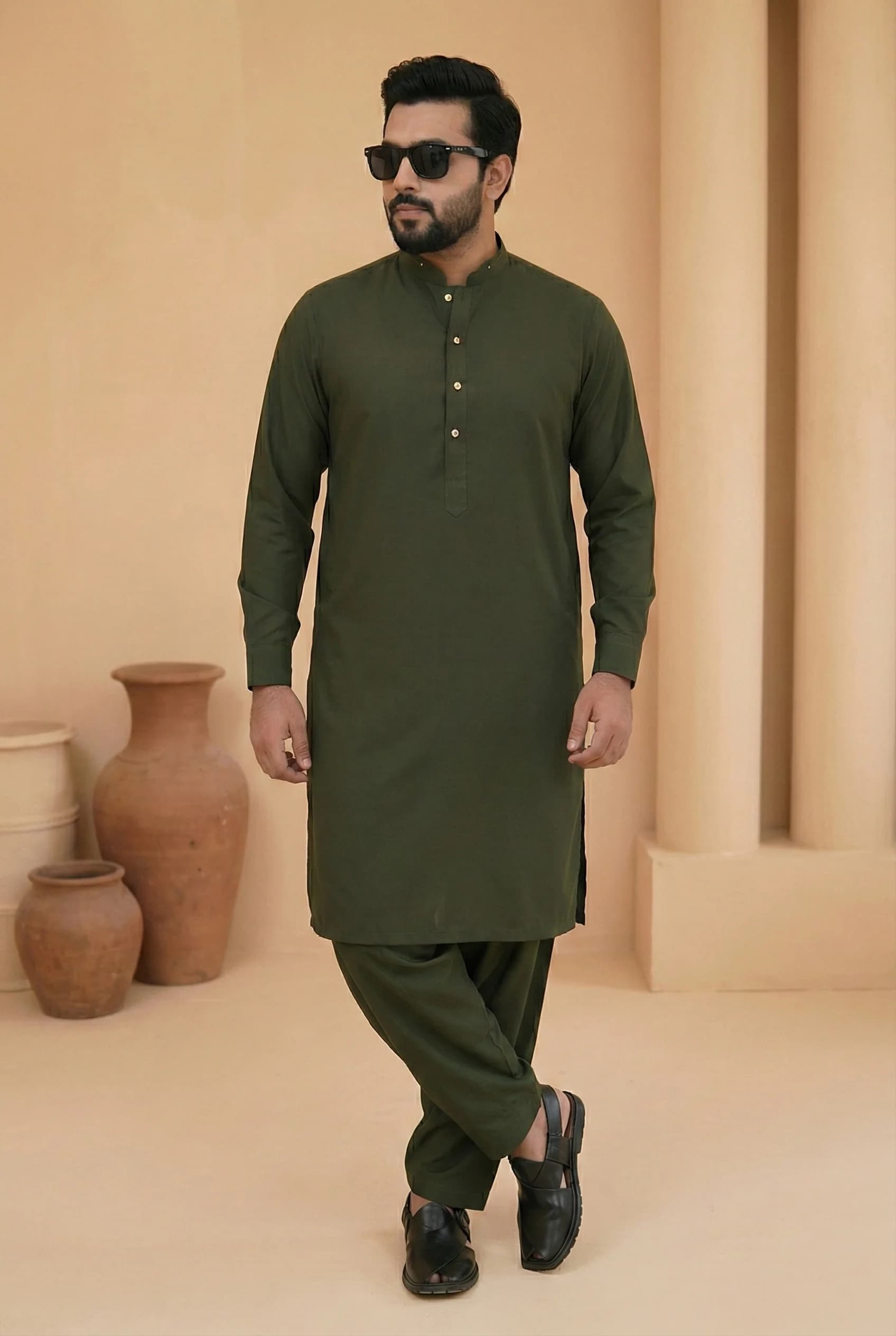 New Designer Dark Green Ready-to-Wear Shalwar Kameez with Cut Sherwani Collar