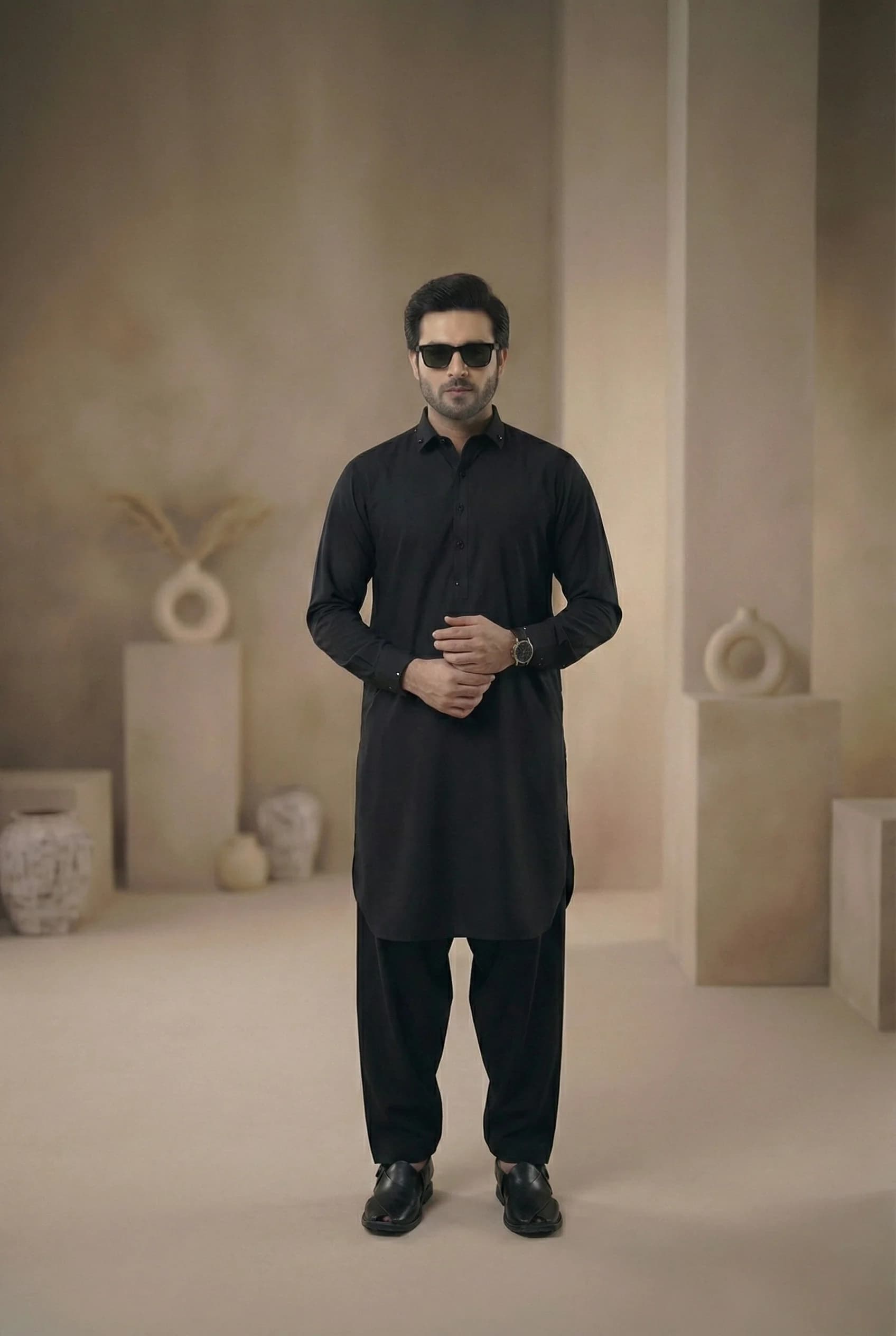 Black Blended Shirt Collar Premium Shalwar Kameez